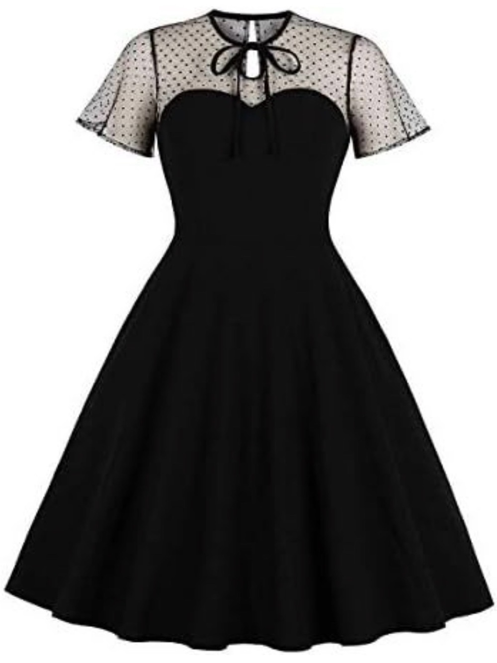 Classic Black Fit-and-Flare Dress with Sheer Polka Dot Yoke